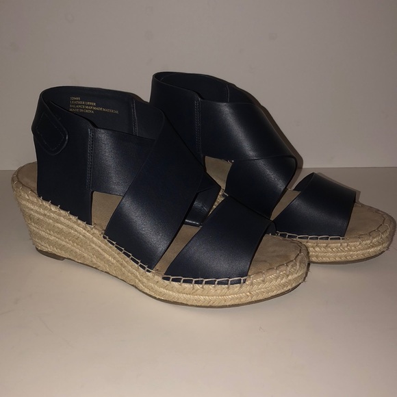 Navy Leather Wedge Sandals - Picture 1 of 6